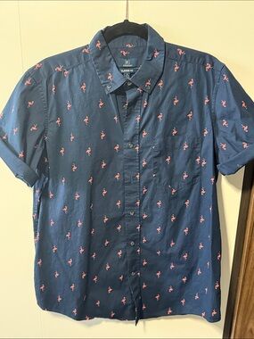 Classic Navy Short-Sleeve Button-Down Shirt with Pink Flamingo Motif